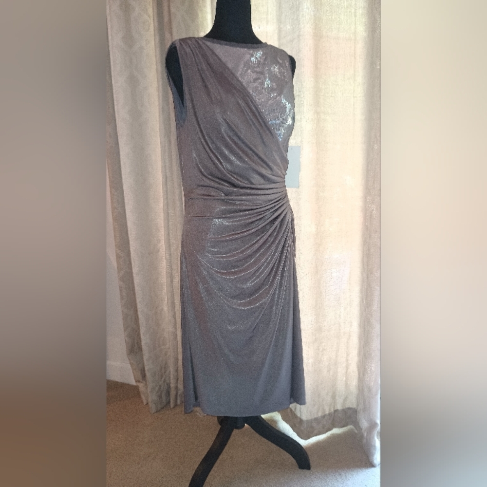 Adrianna Papell Gray Asymmetrical Ruched and Sequin Dress